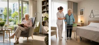 Comparaison photoréaliste entre une résidence services avec une senior autonome lisant dans un salon lumineux, et une chambre d'EHPAD avec une soignante accompagnant une personne âgée, chaque scène illustrant un cadre adapté au niveau d'autonomie.
