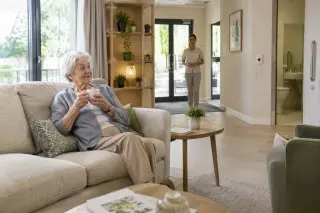 Senior woman sitting in a bright, modern apartment with large windows, comfortable furniture, and a staff member in the background, conveying a safe and welcoming senior residence.