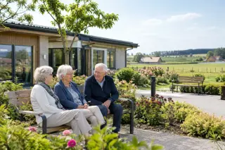 Façade d'une résidence seniors en campagne avec trois personnes âgées assises et discutant sur un banc sous le soleil, entourées de verdure et de fleurs.